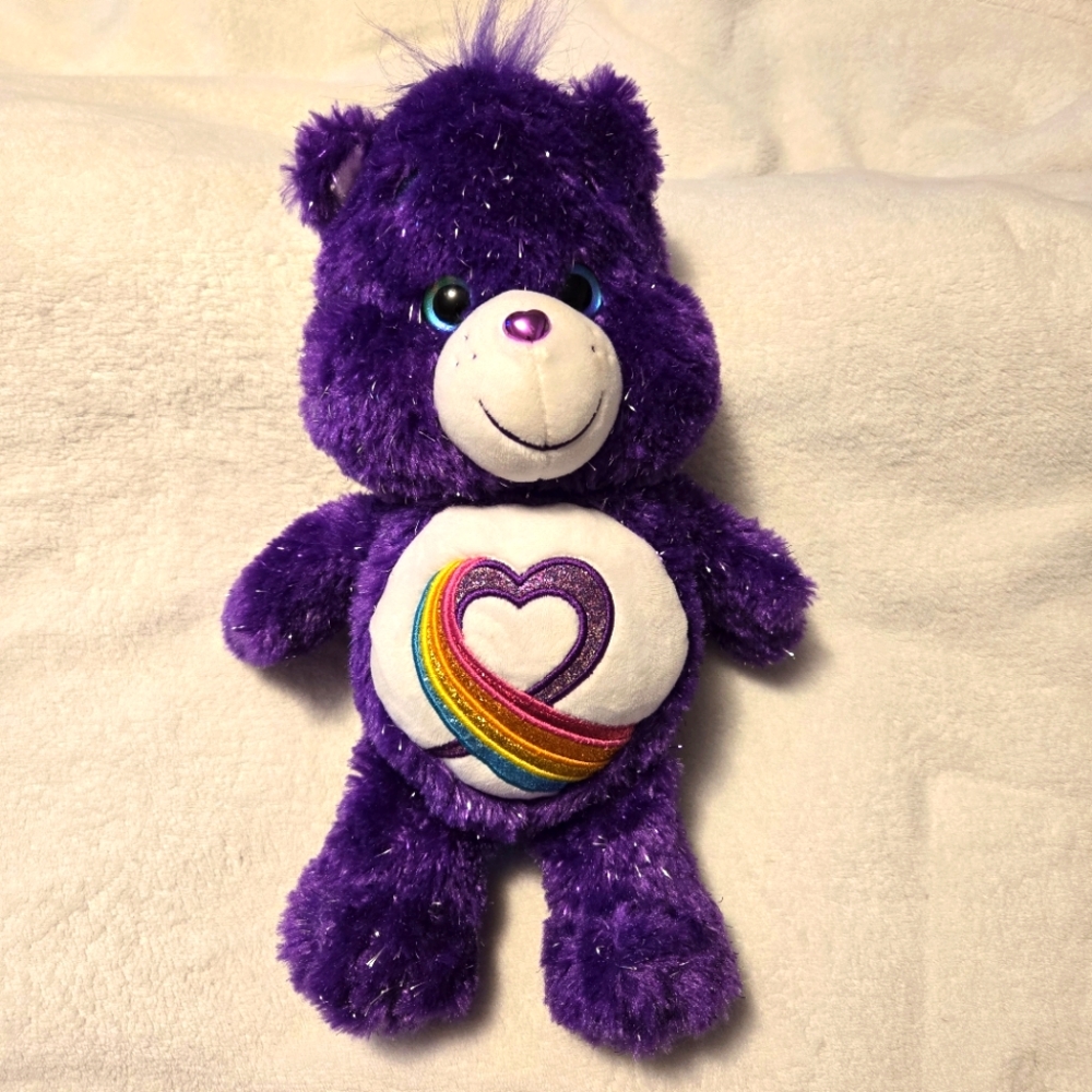 Care Bears 35th Anniversary Rainbow Heart Purple Glitter Plush‎ Care Bear 14"